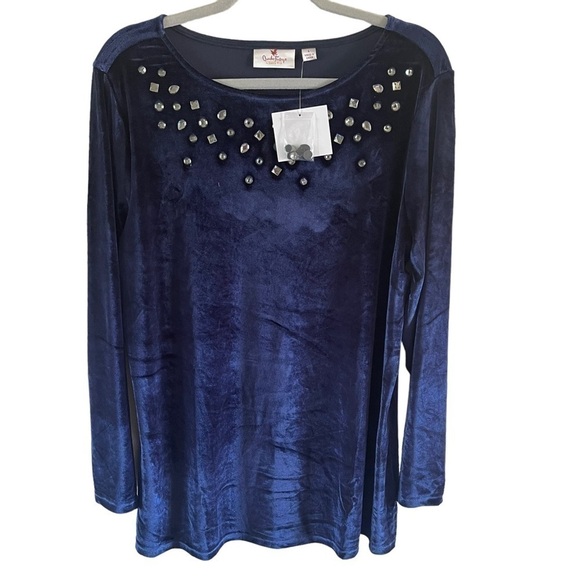 NWT Quaker Factory Velvet blue rhinestones size large jeanne Rice - Picture 1 of 10